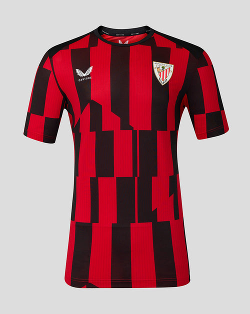 Athletic Club 26/27 matchday shirt with red and black geometric blocks and crest on the chest