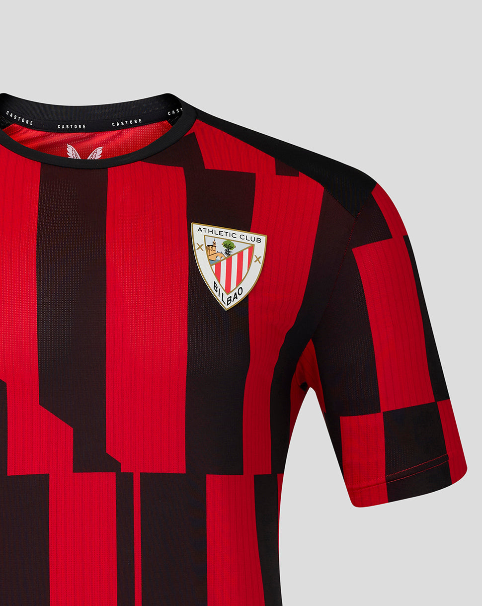 Athletic Club matchday shirt with red and black blocks and the club crest on the chest.