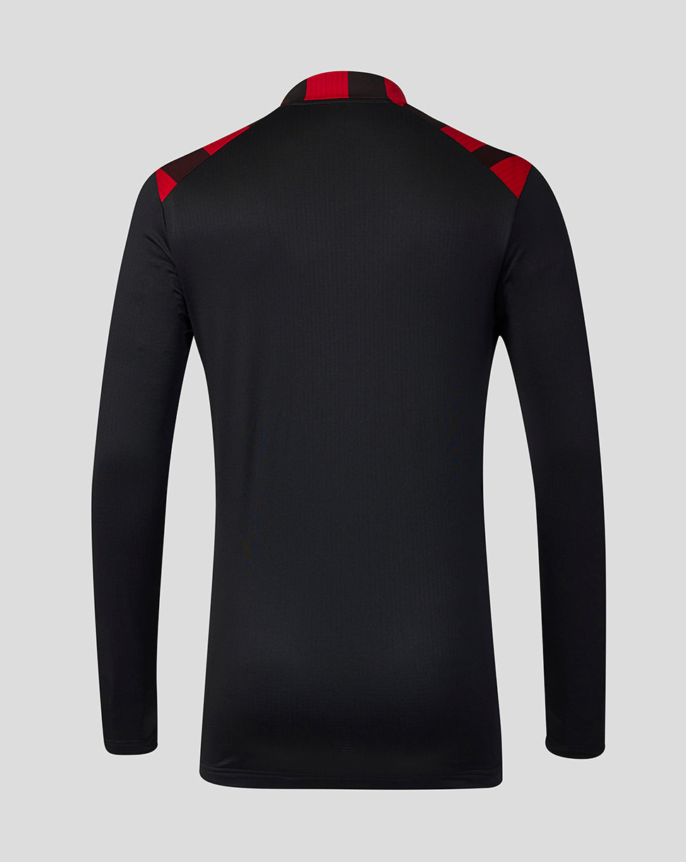 Back view of black Athletic Club quarter zip midlayer with red geometric shoulder panels.