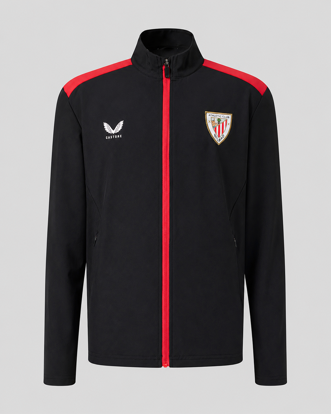 Athletic Club black full-zip jacket with red shoulder panels and red zipper; crest on the right chest and Castore logo on the left.