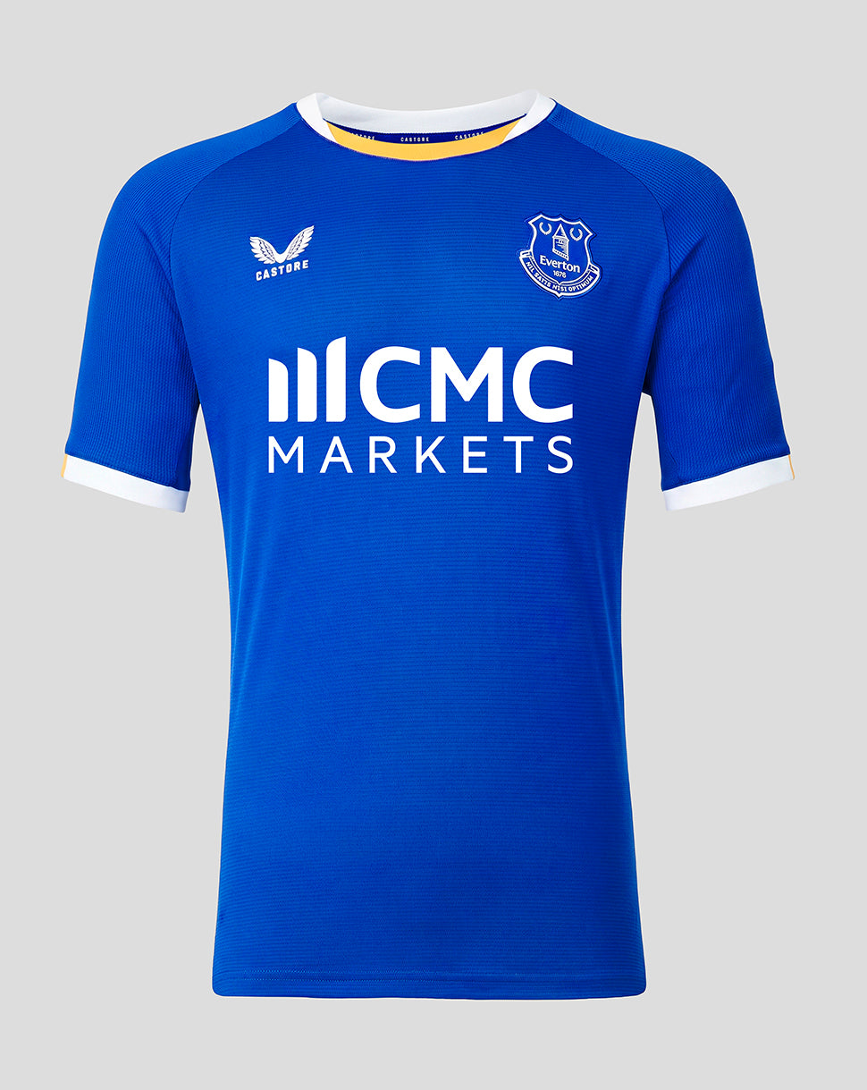 Blue sports jersey with branding on a gray background