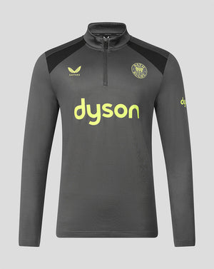 A dark gray long-sleeve athletic quarter-zip pullover with a high collar, featuring a yellow Dyson logo on the chest, a yellow and black VfL Wolfsburg team crest, and a yellow Dyson logo on the sleeve, shown against a solid gray background.
