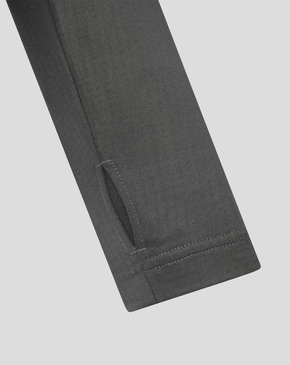 Close-up of a dark gray fabric garment sleeve or pant leg showing a cuff with a stitched loop detail, on a light gray background.