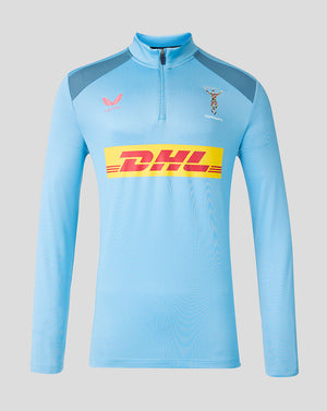 Light blue sports jacket with DHL logo on a gray background