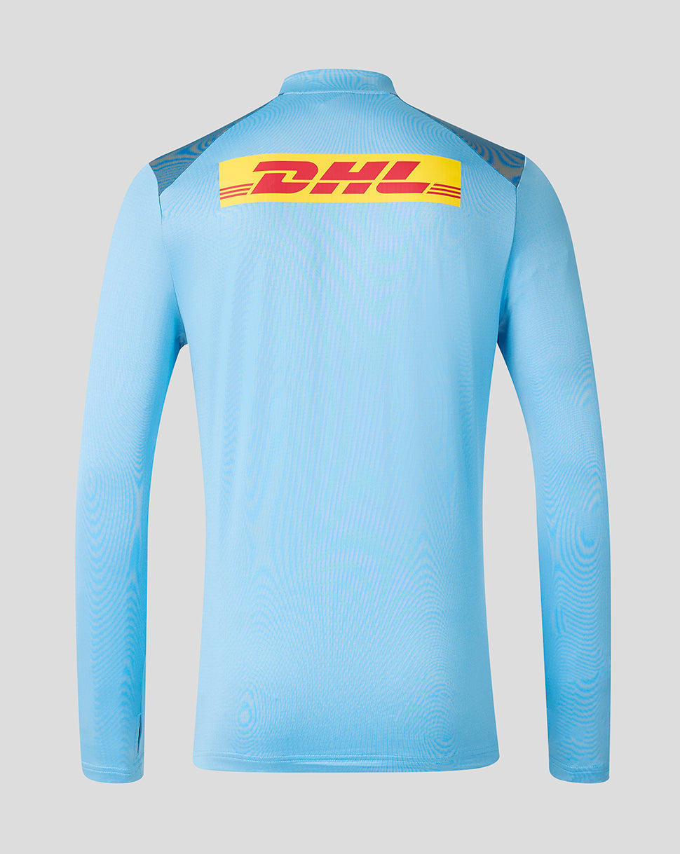 Light blue long-sleeve shirt with DHL logo on a gray background