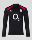 Black long-sleeve sports shirt with red accents and logos on a gray background