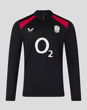 Black long-sleeve sports shirt with red accents and logos on a gray background