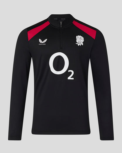 Black long-sleeve sports shirt with red accents and logos on a gray background