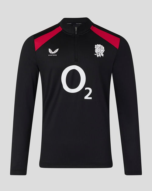 Black long-sleeve sports shirt with red accents and logos on a gray background