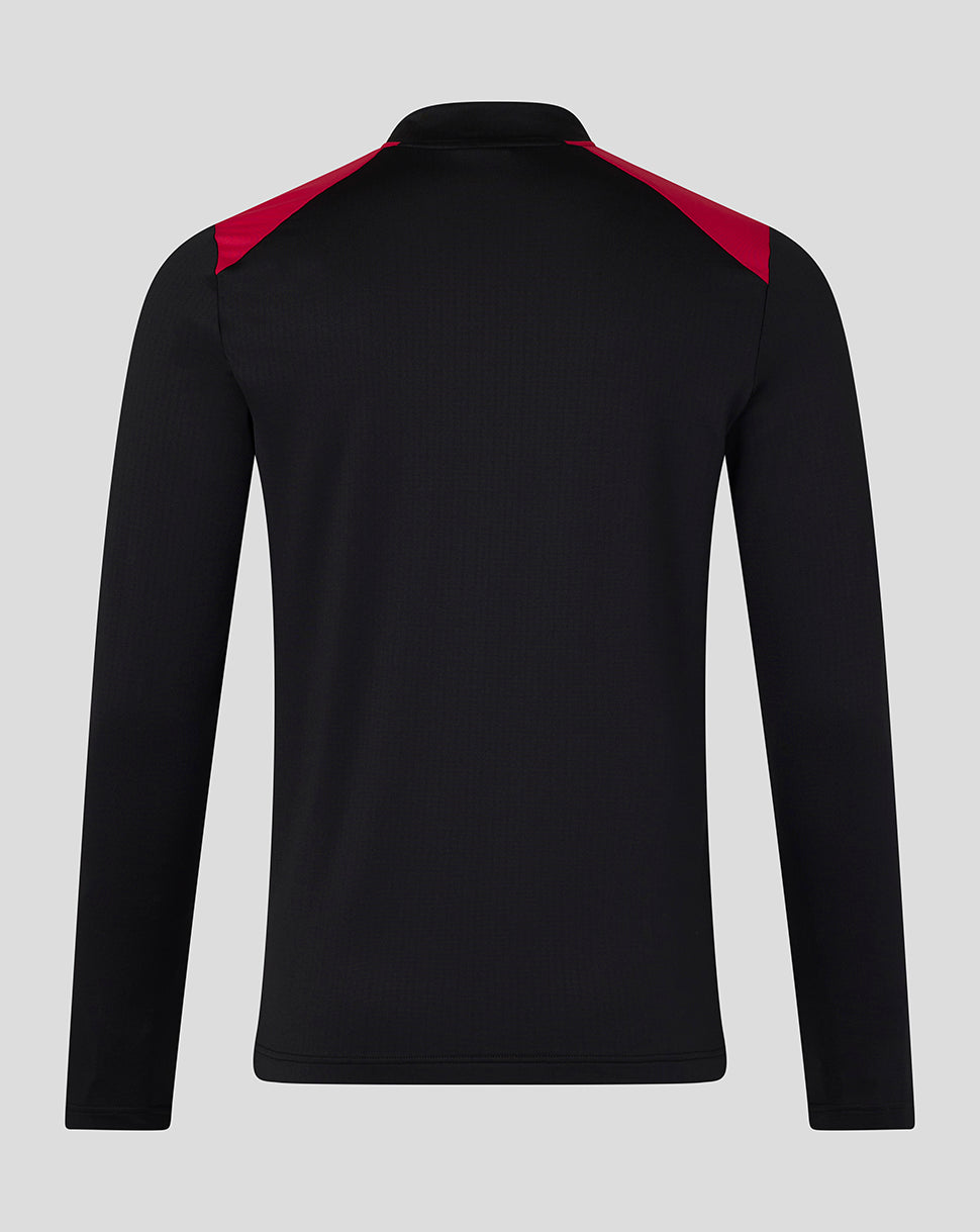 Black long-sleeve shirt with red accents on a gray background