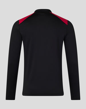 Black long-sleeve shirt with red accents on a gray background