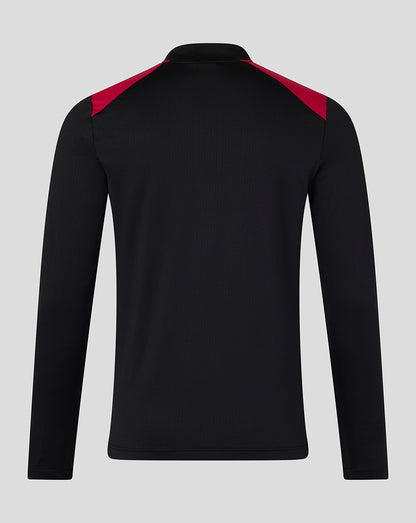 Black long-sleeve shirt with red accents on a gray background