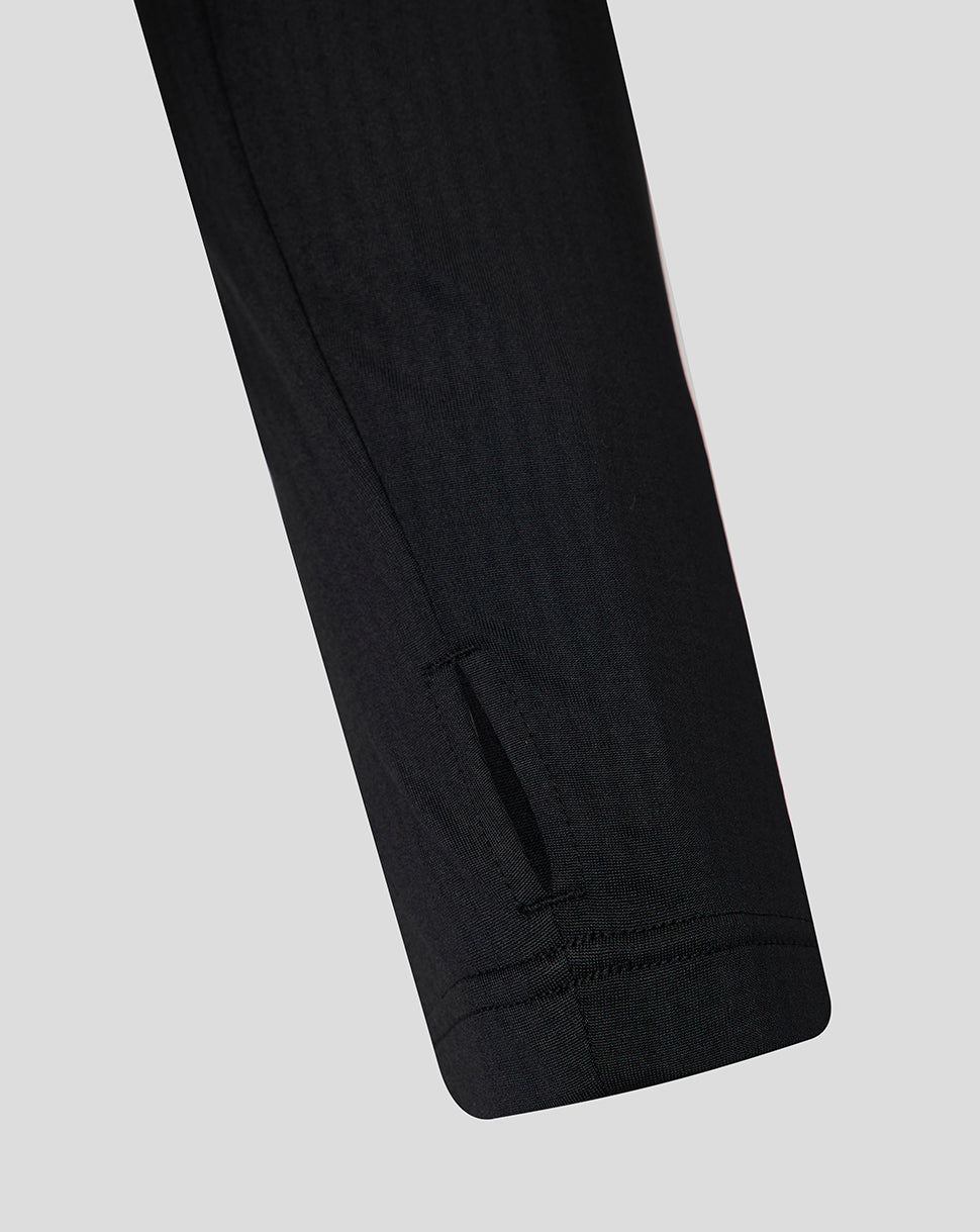 Close-up of a black shirt arm on a light gray background