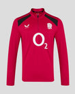 Red sports jersey with black shoulders and white logos on a gray background