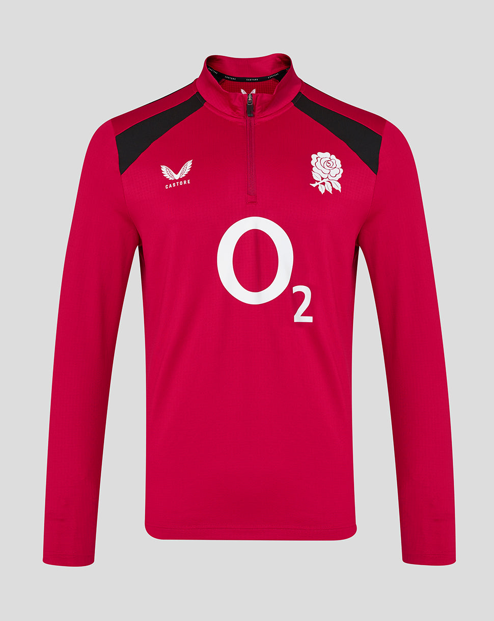 Red sports jersey with black shoulders and white logos on a gray background