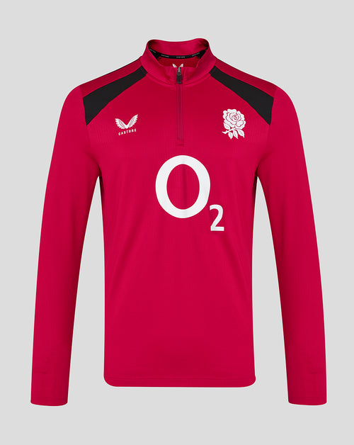 Red sports jersey with black shoulders and white logos on a gray background