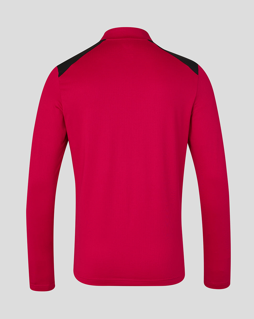 Red jacket with black accents on a gray background