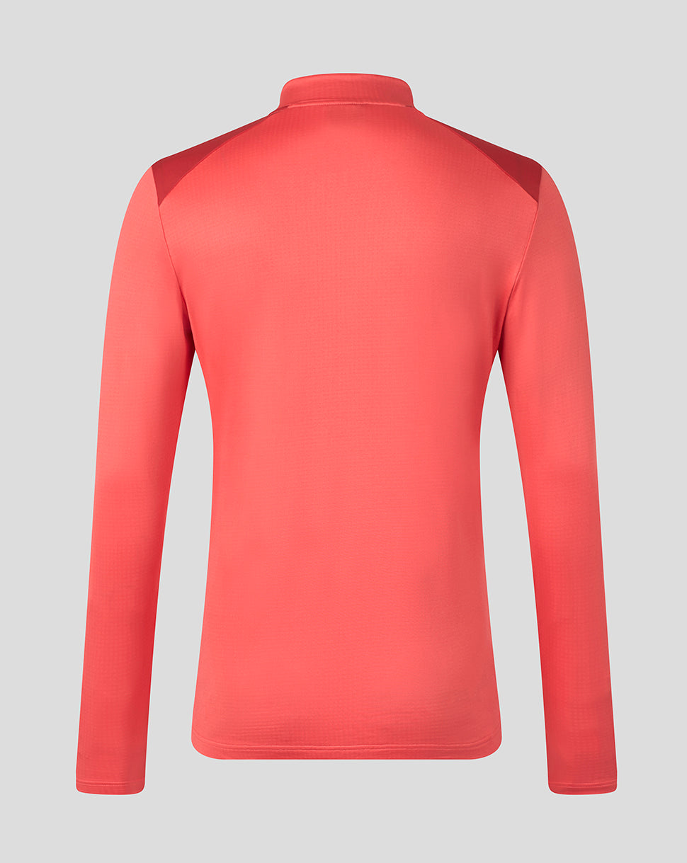 A coral pink long-sleeve athletic top shown from the back, featuring dark red shoulder panels and a mock neck, displayed on a neutral gray background.