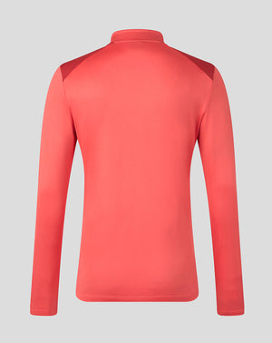 A coral pink long-sleeve athletic top shown from the back, featuring dark red shoulder panels and a mock neck, displayed on a neutral gray background.