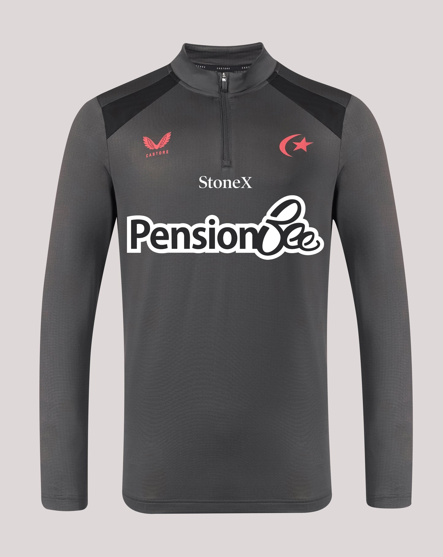 A dark gray long-sleeve athletic quarter-zip pullover with a half-placket collar, featuring the StoneX and Pension Bee sponsor logos on the front, alongside the Turkish flag emblem on the chest.