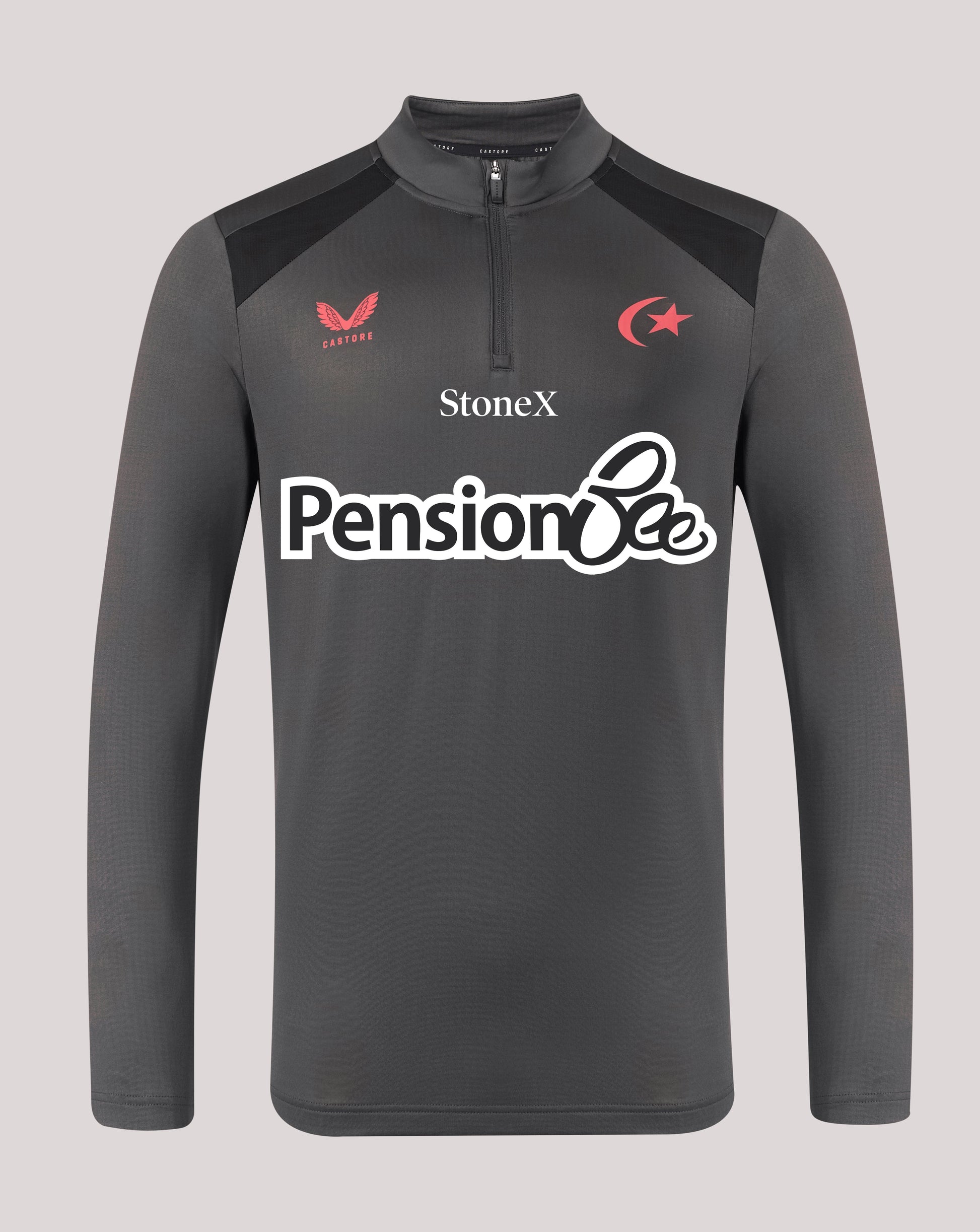 A dark gray long-sleeve athletic quarter-zip pullover with a half-placket collar, featuring the StoneX and Pension Bee sponsor logos on the front, alongside the Turkish flag emblem on the chest.
