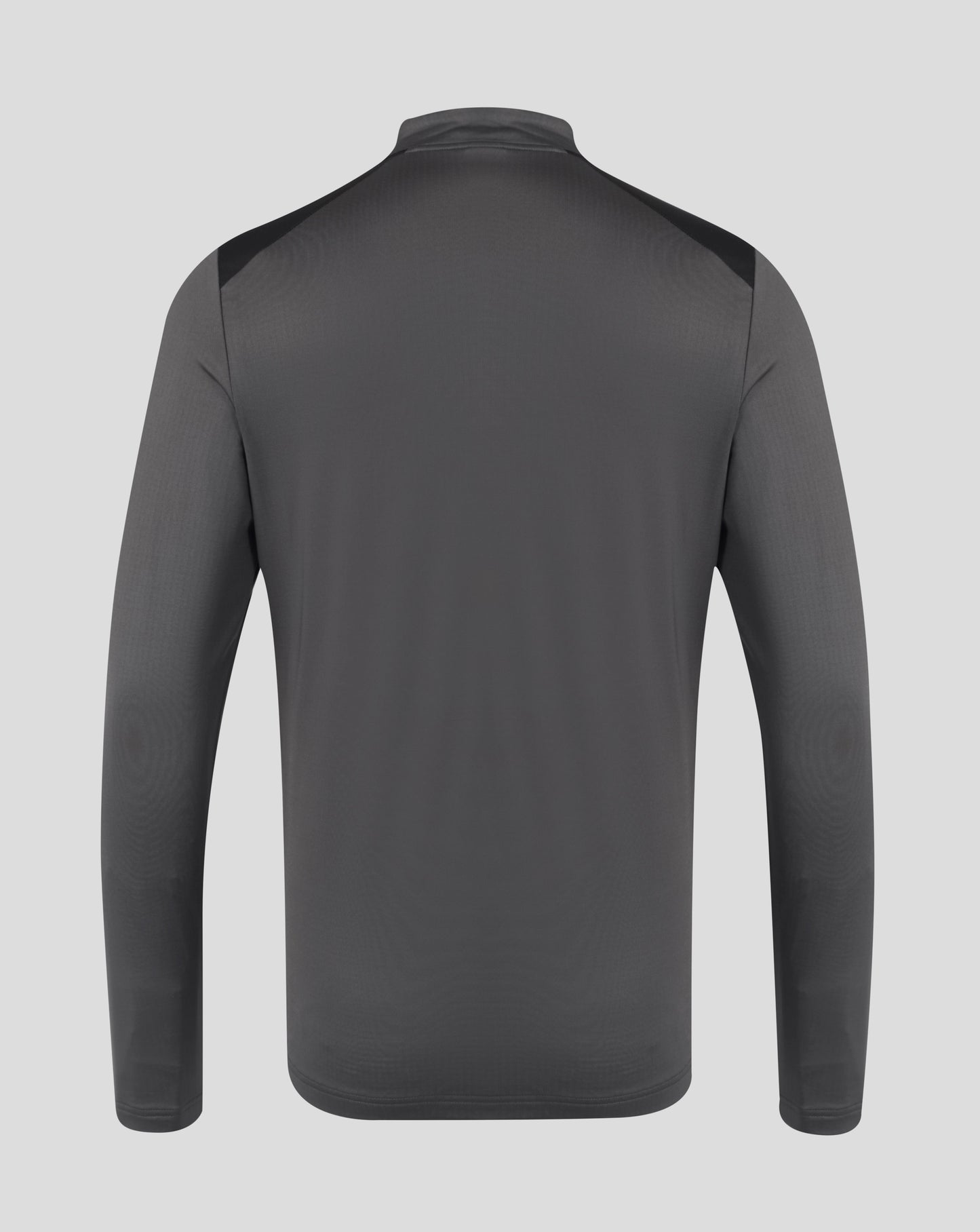A dark gray long-sleeve athletic top shown from the back, featuring contrasting black shoulder panels, on a light gray background.