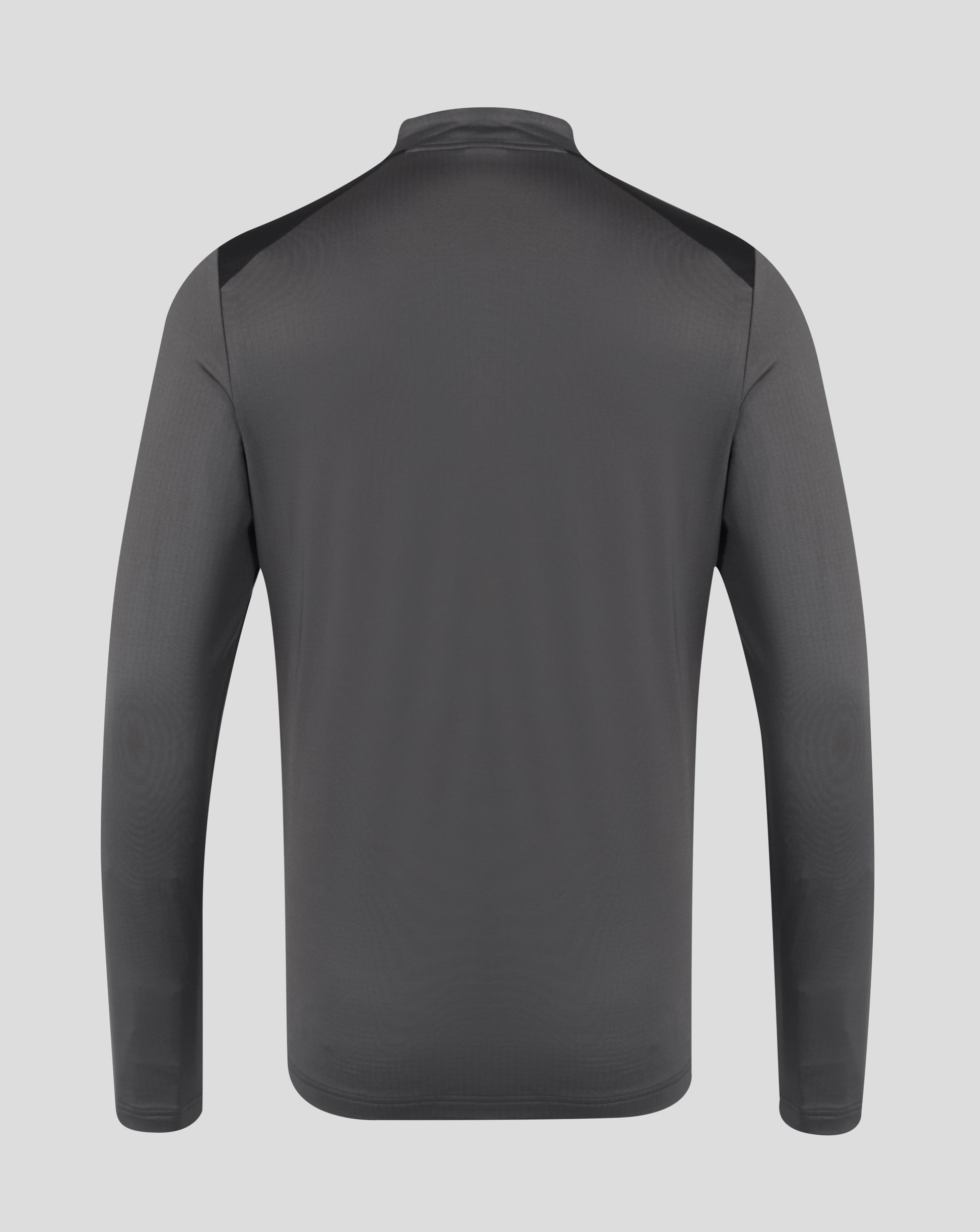 A dark gray long-sleeve athletic top shown from the back, featuring contrasting black shoulder panels, on a light gray background.