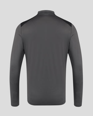 A dark gray long-sleeve athletic top shown from the back, featuring contrasting black shoulder panels, on a light gray background.
