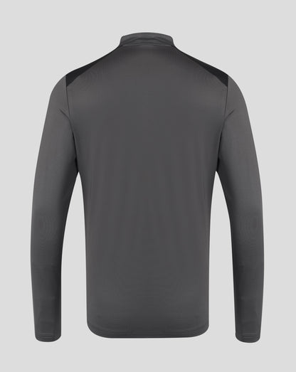 A dark gray long-sleeve athletic top shown from the back, featuring contrasting black shoulder panels, on a light gray background.