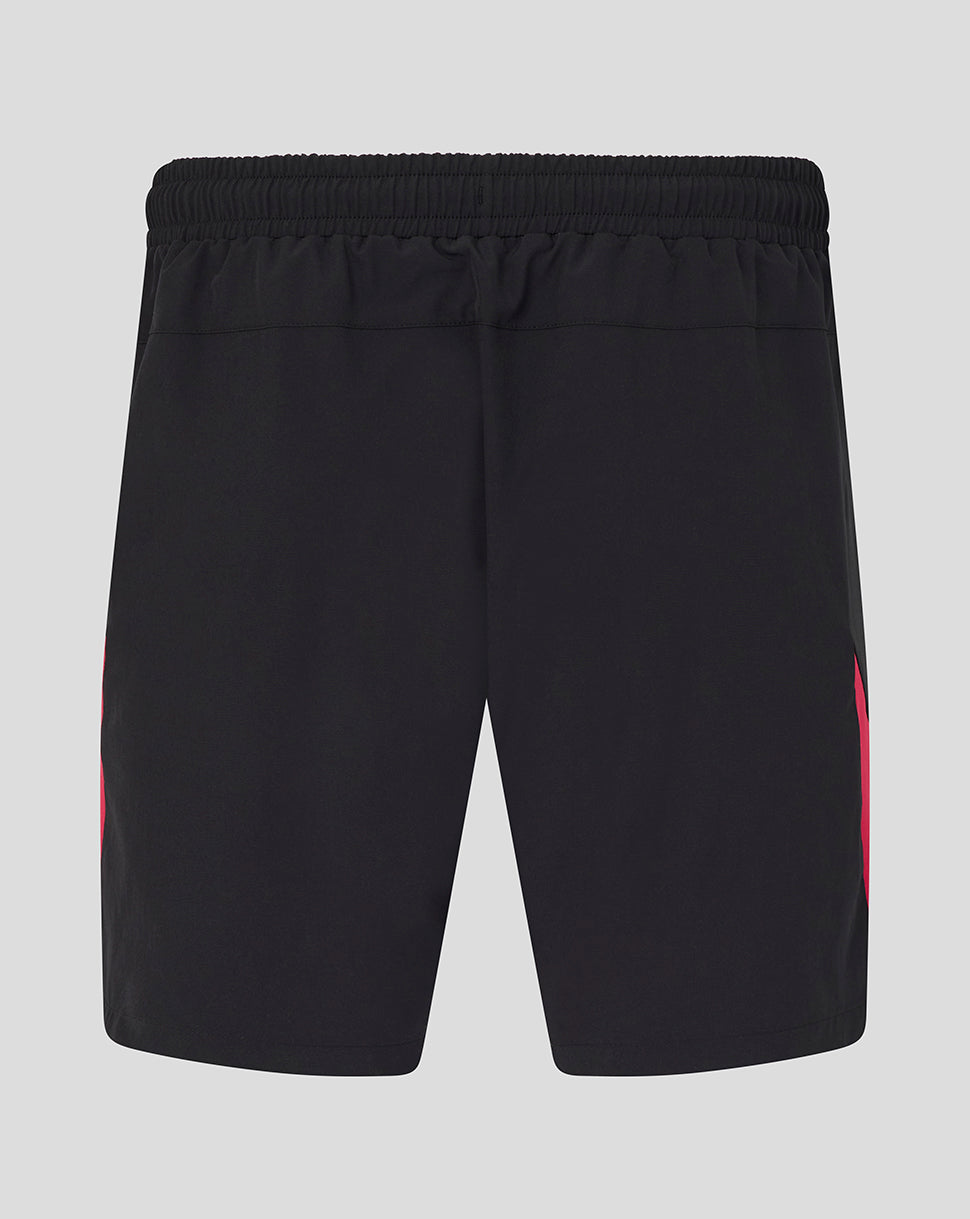 Black shorts with a red stripe on a light gray background