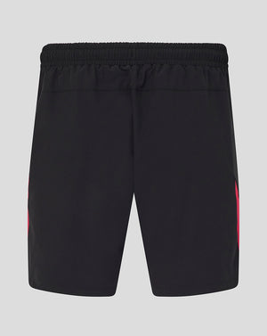 Black shorts with a red stripe on a light gray background