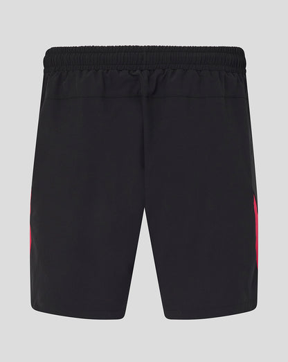 Black shorts with a red stripe on a light gray background