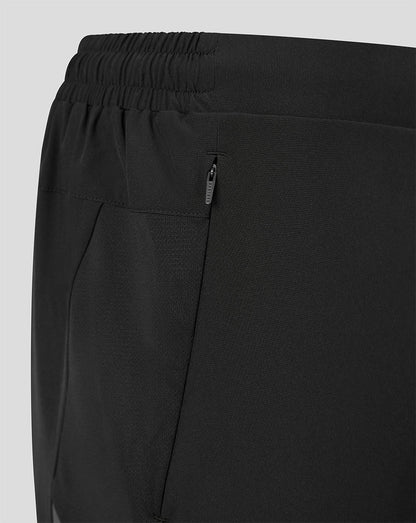 Close-up of black athletic pants showing the elastic waistband, side pocket seam, and a small zippered pocket with a dark zipper pull on a light gray background.