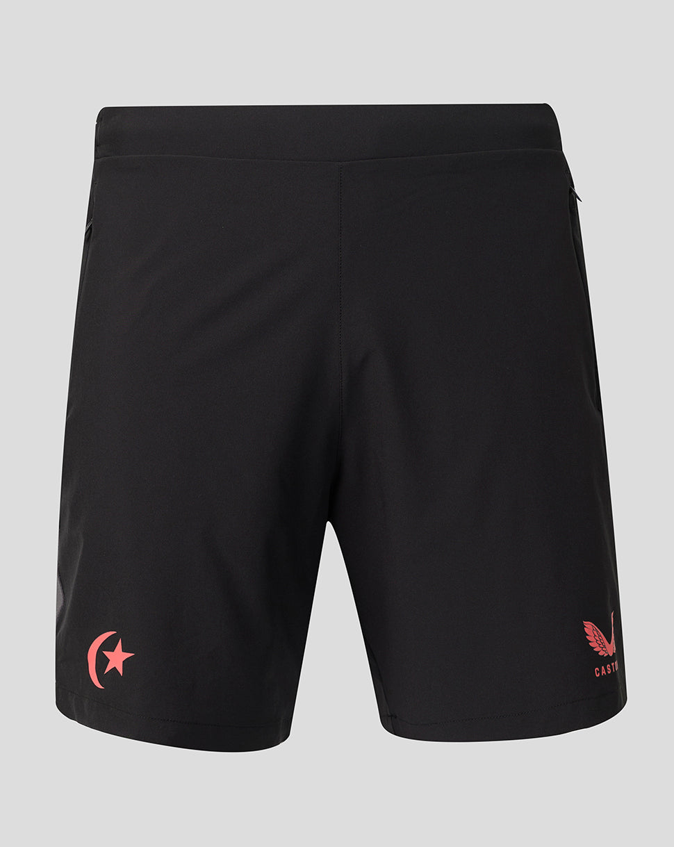 Black athletic shorts featuring a red crescent and star emblem on the left leg and a red Adidas logo with 'CASTORE' text on the right leg, shown against a light gray background.
