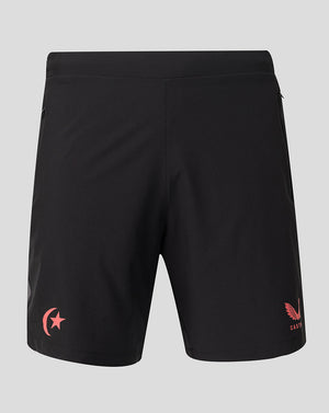 Black athletic shorts featuring a red crescent and star emblem on the left leg and a red Adidas logo with 'CASTORE' text on the right leg, shown against a light gray background.