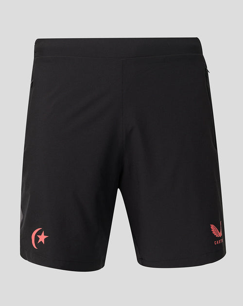 Black athletic shorts featuring a red crescent and star emblem on the left leg and a red Adidas logo with 'CASTORE' text on the right leg, shown against a light gray background.