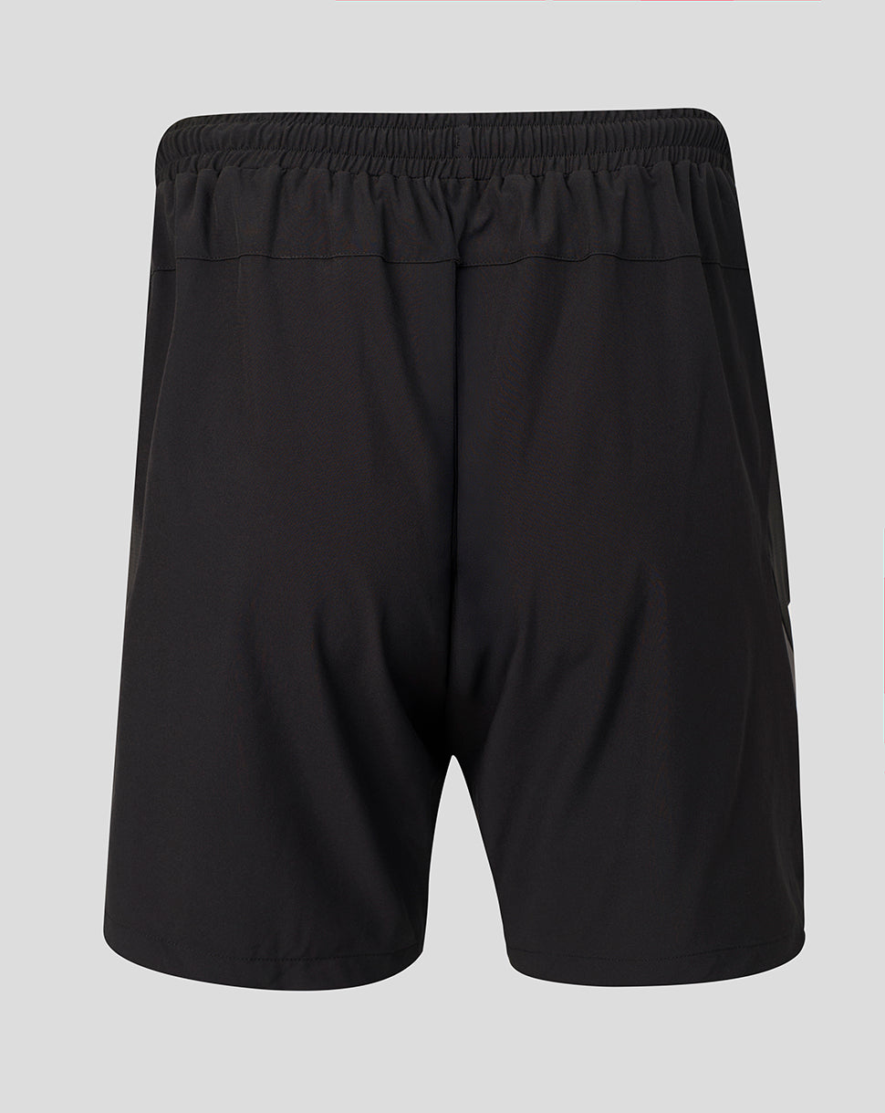 Black athletic shorts with an elastic waistband, shown from the back on a light gray background.