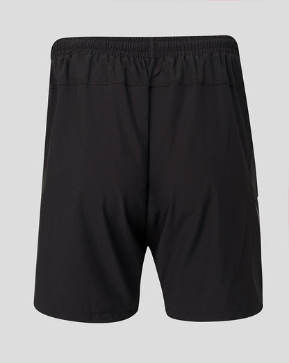 Black athletic shorts with an elastic waistband, shown from the back on a light gray background.