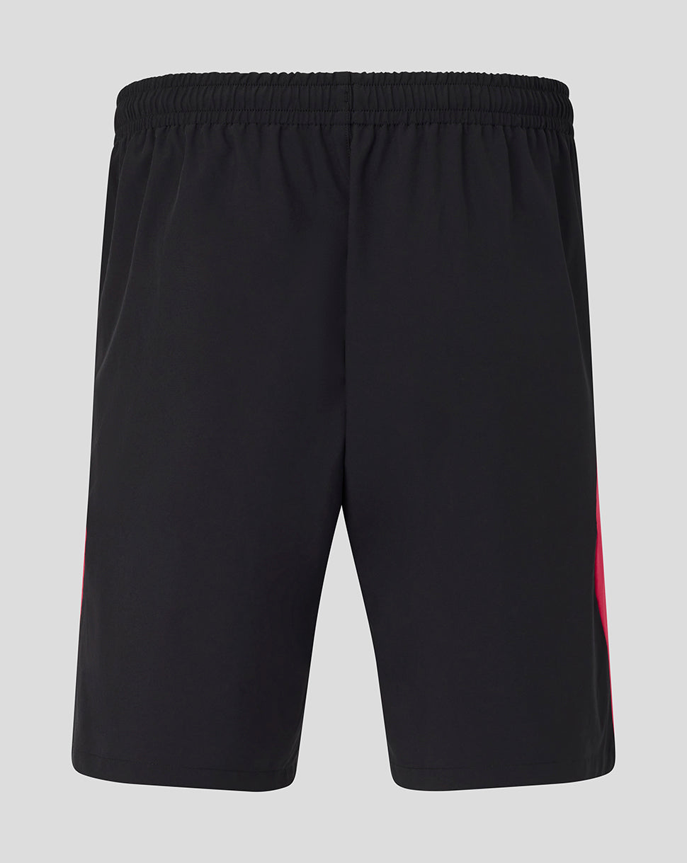 Black shorts with a red stripe on a light gray background