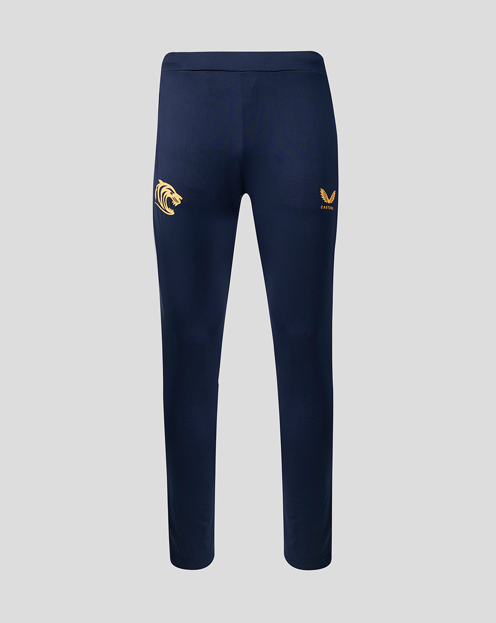 Front view of navy Leicester Tigers training pants with gold logos on the thighs and zipped pockets.