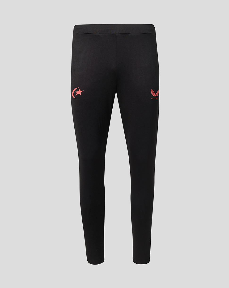 Black athletic leggings with small red logo graphics on the upper thighs, displayed on a neutral light gray background.