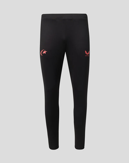 Black athletic leggings with small red logo graphics on the upper thighs, displayed on a neutral light gray background.
