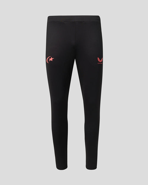 Black athletic leggings with small red logo graphics on the upper thighs, displayed on a neutral light gray background.