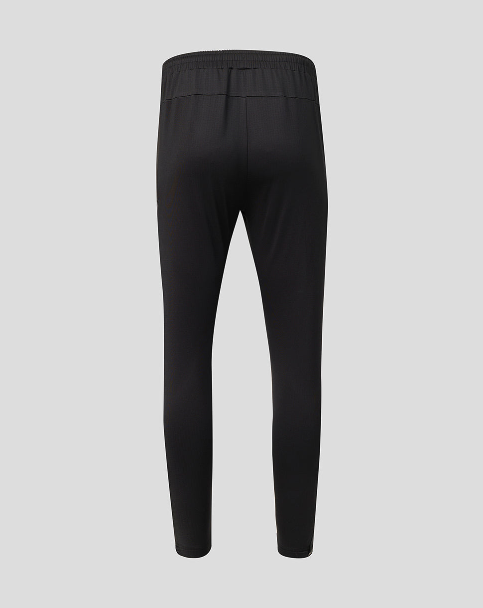 Black athletic leggings shown from the back on a light gray background.