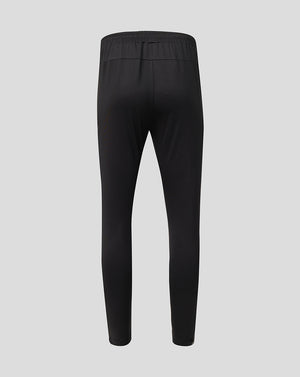 Black athletic leggings shown from the back on a light gray background.