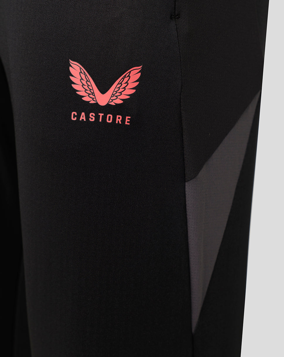 Close-up of black athletic leggings with a pink wing logo and the brand name CASTORE printed on the upper thigh.