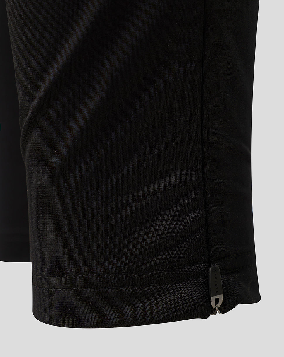 Close-up detail of black athletic joggers showing the hem with a stitched cuff and a small side zipper pull, on a light gray background.