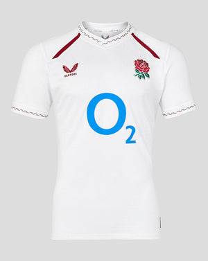 White rugby jersey with red accents, a rose emblem, and 'O2' branding on a gray background