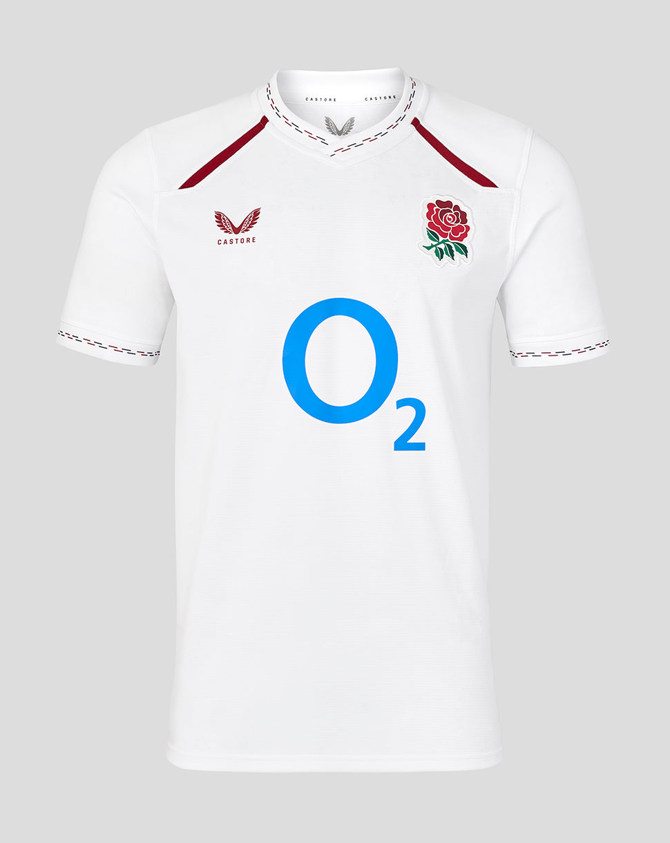 White sports jersey with red accents and branding on a gray background