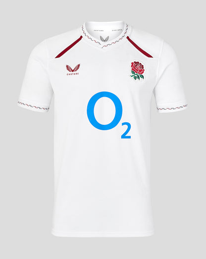White sports jersey with red accents and branding on a gray background